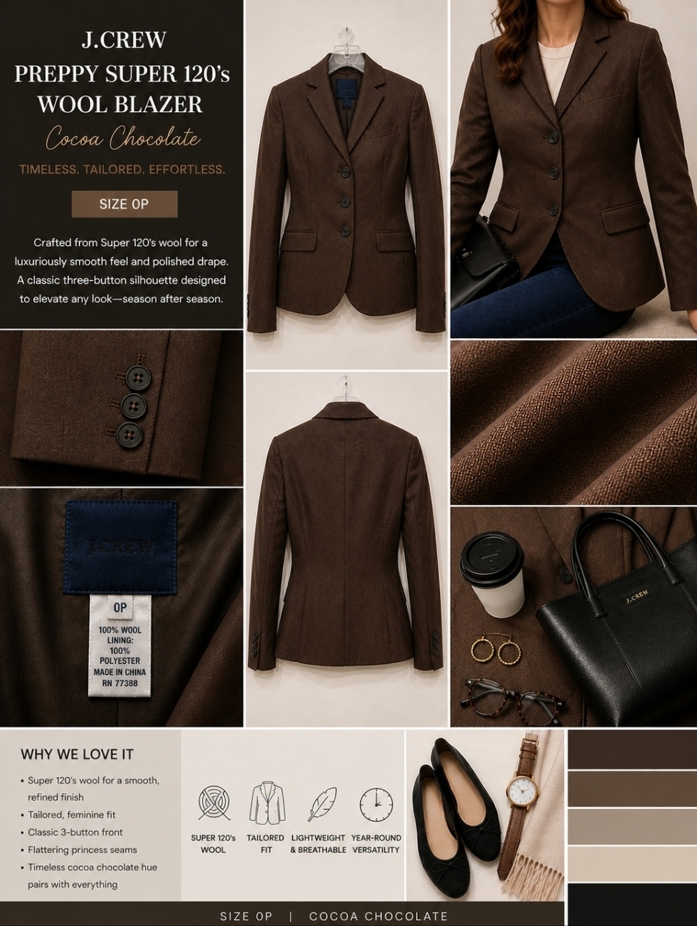 Sz 0P J.Crew Preppy Super 120's Wool Blazer Cocoa Chocolate